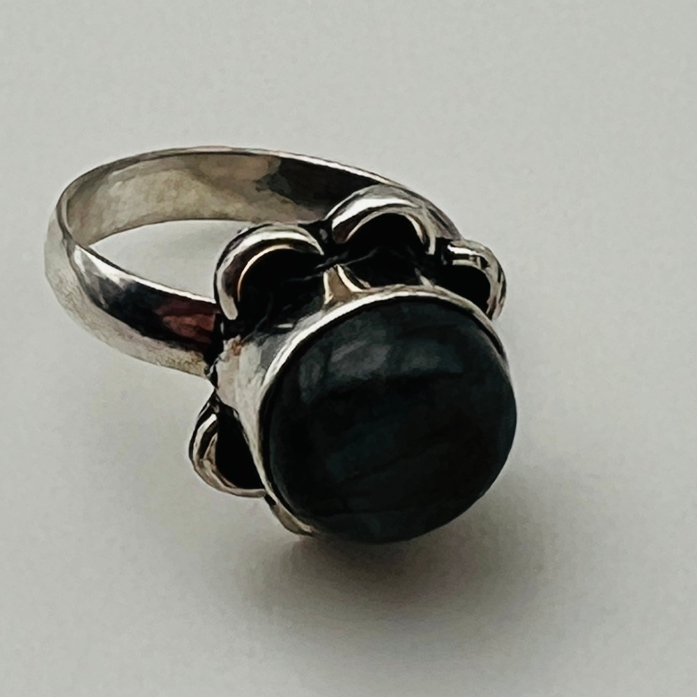 Blue Stone Silver Tone Ring Cabochon Gemstone Size 6 Artisan Statement - Picture 8 of 8